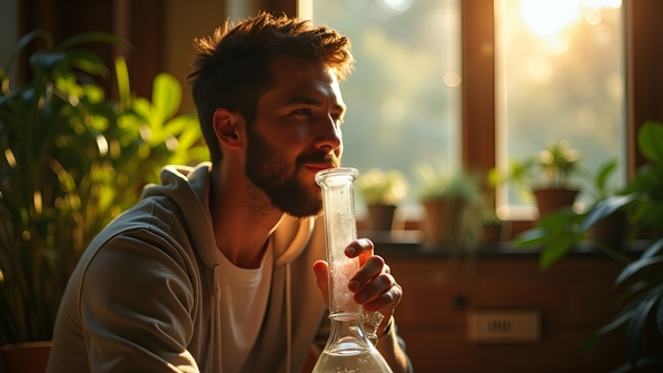 Happy man using clear glass bong in bright cozy indoor setting with natural light
