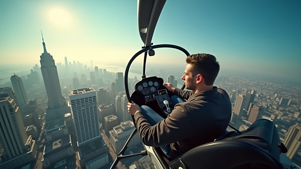 A confident man piloting a sleek helicopter flying over an urban cityscape under a clear blue sky