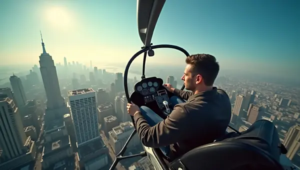 Helicopter Pilot Flying Over Urban Cityscape