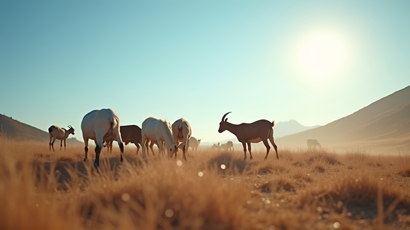 A peaceful herd of goats grazing on a dry brown field under a clear blue daytime sky
