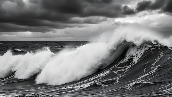 High-contrast grayscale ocean waves under a cloudy sky showing texture and movement