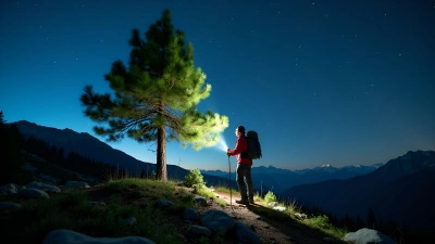 Hiker Illuminating Pine Tree On Mountain Night