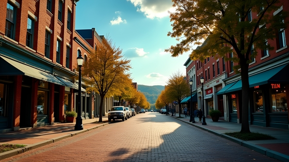 Historic downtown Pottstown streets featuring brick buildings and quaint shops under a sunny blue sky