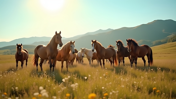 A diverse group of horses grazing peacefully in a sunlit meadow with rolling hills and a clear blue sky