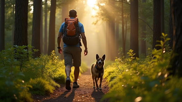 Man wearing a hydration pack hiking with a happy dog through dense forest trails