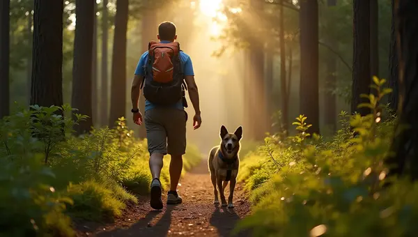 Hydration Pack Hiking With Dog In Forest