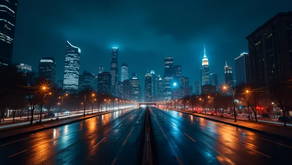 Illuminated City Skyline With Night Reflections