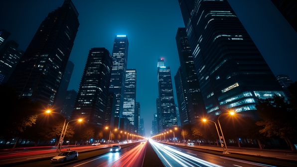 Illuminated skyscrapers towering against a dark night sky with vibrant city lights and reflections