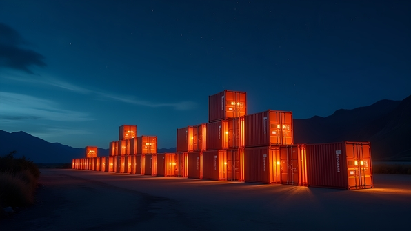 Time lapse photo of illuminated square containers stacked outdoors at night under a starry sky