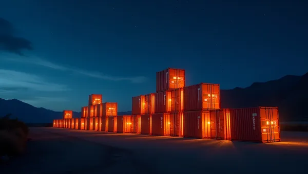 Illuminated Square Containers Stacked Outdoors At Night
