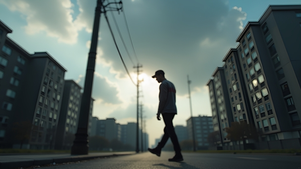 Individual Strolling Beside Utility Pole Under Overcast Sky