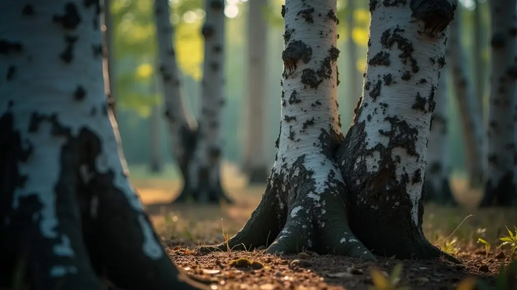Intertwined White and Black Tree Trunks Close-Up