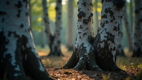 Close-up of intertwined white and black tree trunks with textured bark and contrasting shadows in natural forest light