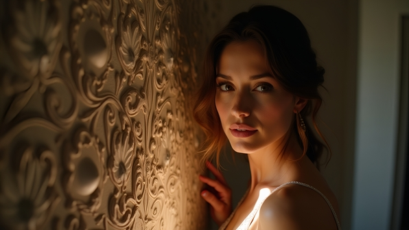 Elegant woman posing beside intricate embossed wall decor with floral and geometric patterns in a softly lit interior