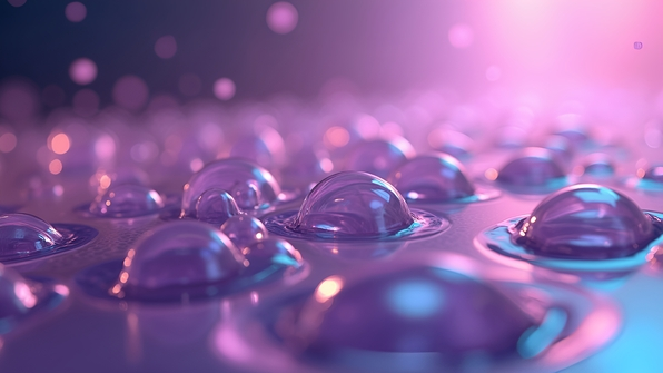 Close-up of iridescent purple bubbles floating on a shimmering liquid surface with soft light reflections
