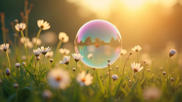 Close-up shallow focus photograph of a single iridescent soap bubble floating with gentle sunlight reflections