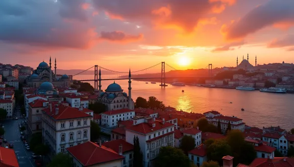 Istanbul Aerial View At Sunset With Bosphorus Bridge