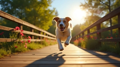 Joyful Dog Sprinting Across Wooden Bridge