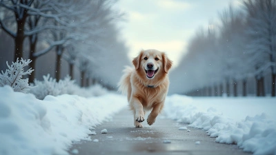 Joyful Dog Trotting on Snowy Walkway in Winter
