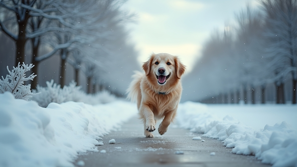 A joyful dog trotting along a snowy concrete walkway under a cloudy winter sky with frosty trees and gentle snowfall