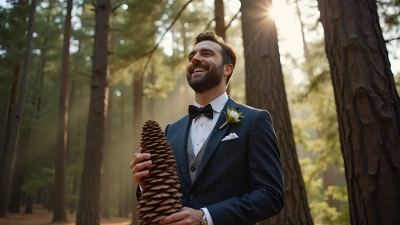 Joyful Groom in Classic Suit Under Pine Trees