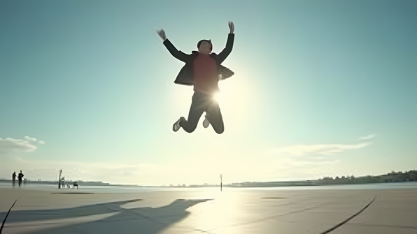 A joyful individual leaping mid-air against a bright clear sky with a smooth reflective surface beneath