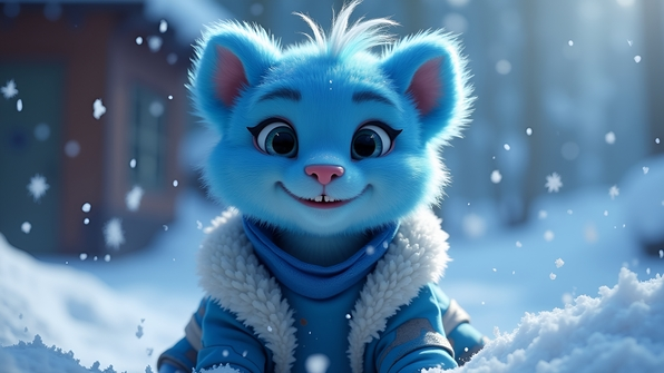 A joyful Kula character in blue and white outfit smiling brightly with icy snowy background