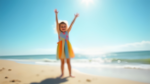 Joyful little girl in a colorful dress standing barefoot on a sandy beach with ocean waves and blue sky