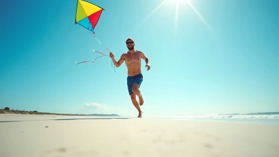 Joyful Man Sprinting On White Sand Beach With Colorful Kite