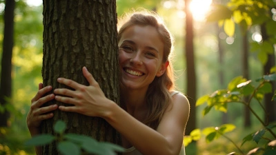 Joyful Person Embracing Large Tree In Sunlit Forest