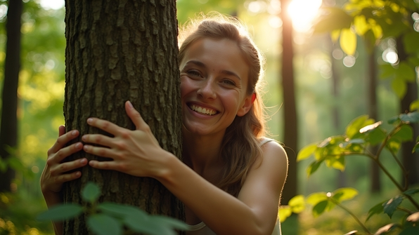 Joyful Person Embracing Large Tree In Sunlit Forest