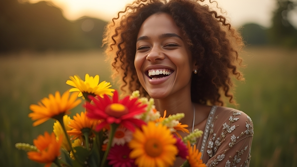 A joyful person holding a vibrant bouquet of mixed colorful flowers outdoors with a soft, blurred background