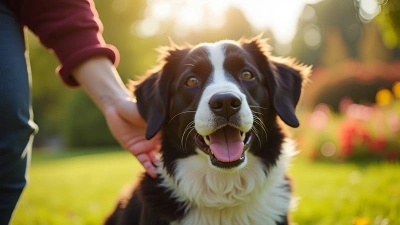 Joyful Person Petting Black and White Dog Outdoors