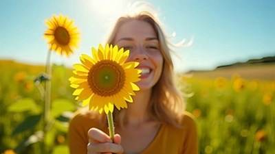 Joyful Woman Holding Sunflower Outdoors