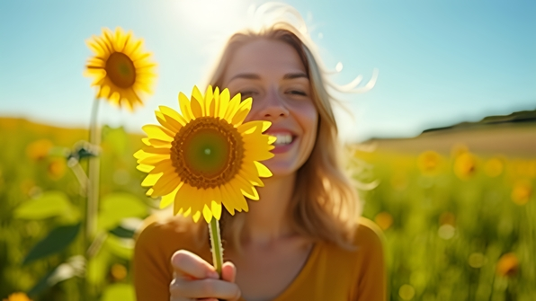 A joyful woman holding a vibrant sunflower outdoors against a clear blue sky with lush green fields