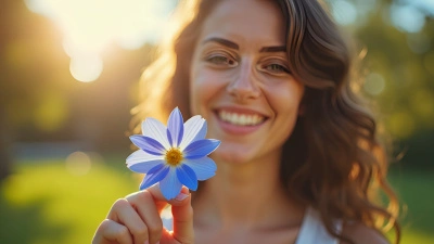 Joyful Woman Holding Vibrant Blue Flower Outdoors