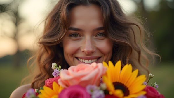 Portrait of a joyful woman holding a vibrant bouquet of mixed flowers against a soft natural outdoor background