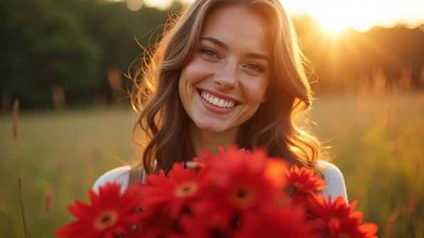 Joyful Woman Holding Vibrant Red Flowers
