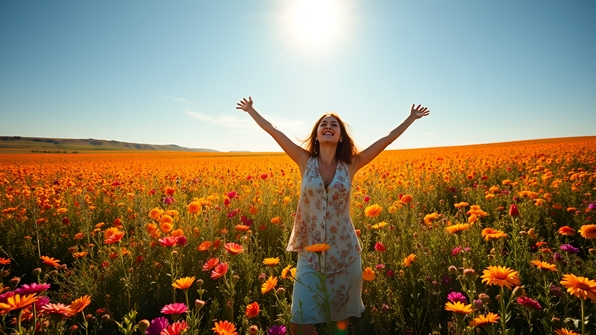 A joyful woman stands in a vibrant flower field under a clear blue sky surrounded by colorful blossoms and soft sunlight