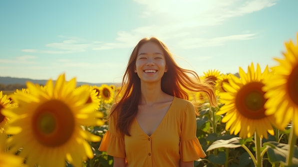 Joyful woman with flowing hair standing in a vibrant sunflower field under a bright blue sky
