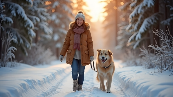 A joyful woman walking her happy dog through a snowy forest trail in a cozy winter coat under soft daylight