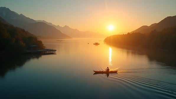 A lone man kayaking on a calm reflective lake during a golden sunset with mountains and greenery