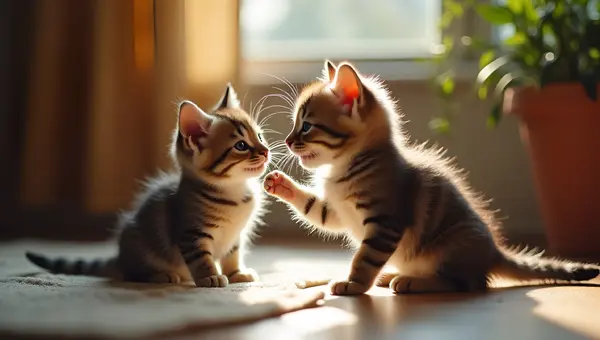 Kitten Touching Cat Nose Playfully Indoors