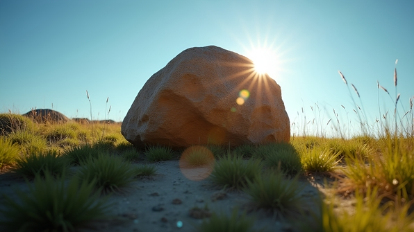 Large brown rock illuminated by bright daylight in a natural outdoor setting with sparse green grass and clear blue sky