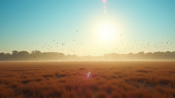 A large flock of birds scattered across a dry brown field under a bright blue daytime sky
