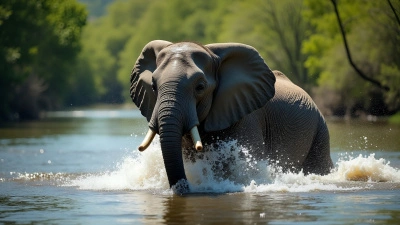 Large Gray Elephant Bathing in River