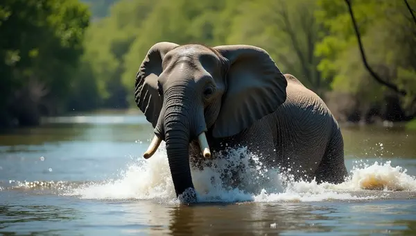 Large Gray Elephant Bathing in River