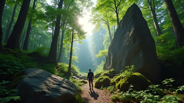 A person standing beside a large gray rock in a lush forest with tall green trees and soft sunlight filtering through the leaves