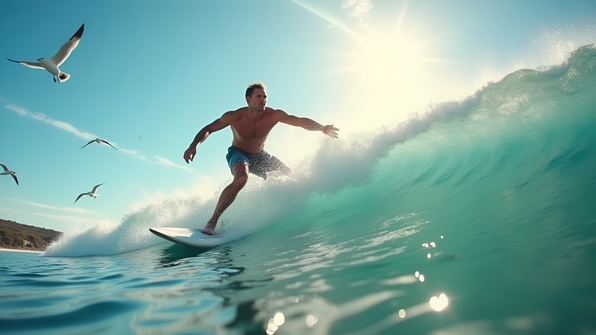 A man skillfully riding a large ocean wave on a surfboard under a bright sunny sky with splashing water around him