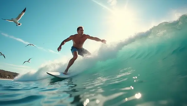Large Ocean Wave Surfing Under Sunny Sky